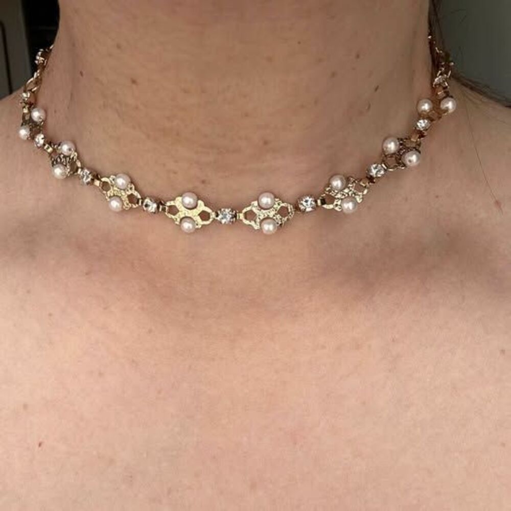 Vintage Gold-Tone Pearl & Rhinestone Choker | Ornate Filigree Link Necklace